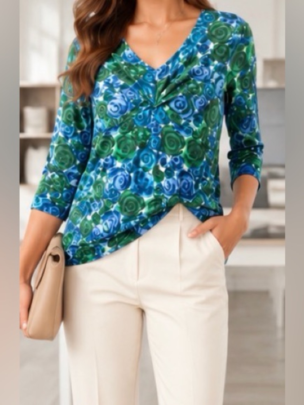 Merona Cobalt Blue Kelly Green Floral Twist Babydoll Front 3/4 Sleeves Stretch M